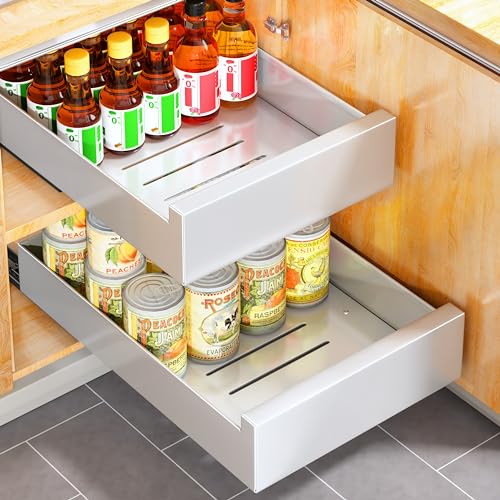 Pull Out Cabinet Organizer Fixed With Adhesive Nano Film,Heavy Duty Storage and Organization Slide Out Pantry Shelves Sliding Drawer Pantry Shelf for Kitchen 11.8'W x 16.9'D x 3.1'H