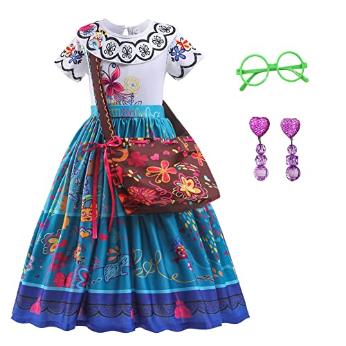 Yipkorra Encanto Mirabel Costume for Girls Cosplay Isabella Outfit Princess Halloween Dress Up With Earrings (Mirabel B, 9-10 Years)