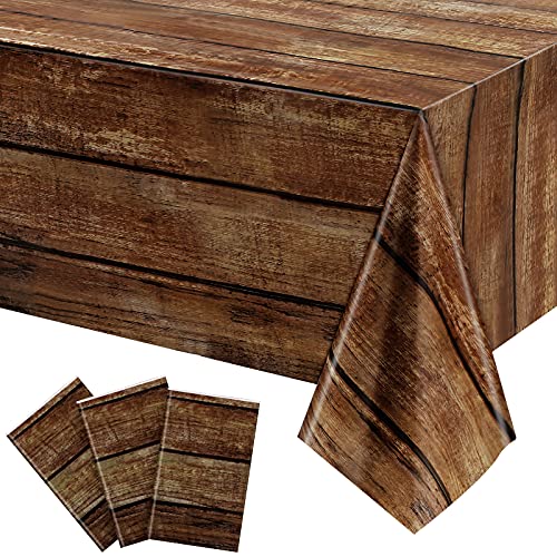 Brown Wood Grain Tablecloths Rustic Plastic Table Covers for Rectangle Table, Vintage Farmhouse Style Table Cloth Decorations for Western Barn Themed Birthday Wedding Party, 54 x 108 Inch (3 Pieces)