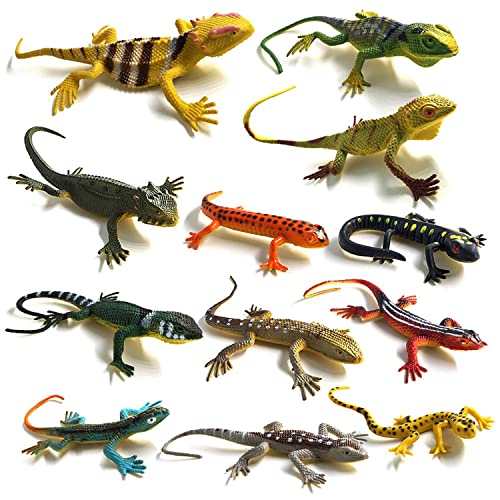 BAINFE 12Pcs Fake Plastic Lizard Toys Colorful Rubber Lizards Action Figure Reptile Toy Lizard Realistic Favors Gag Toys Prank and Prop, 5.5' Lizards 12 Styles