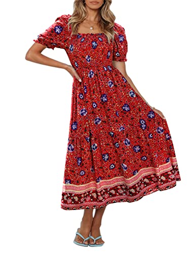 ZESICA Women's 2024 Summer Boho Floral Print Square Neck Ruffle Swing Beach Long Maxi Dress,Red,Medium