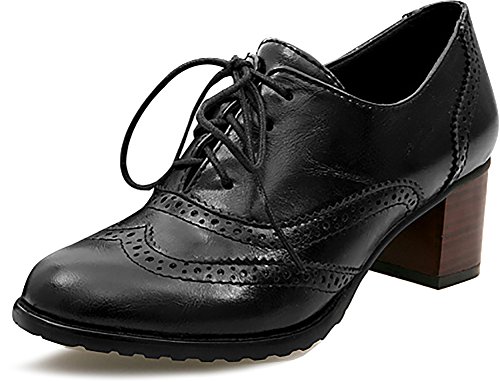 Odema Women's Lace-Up Chunky Oxfords Classic Mid-Heel Formal Dress Shoes T-Strap Heels for Women Black