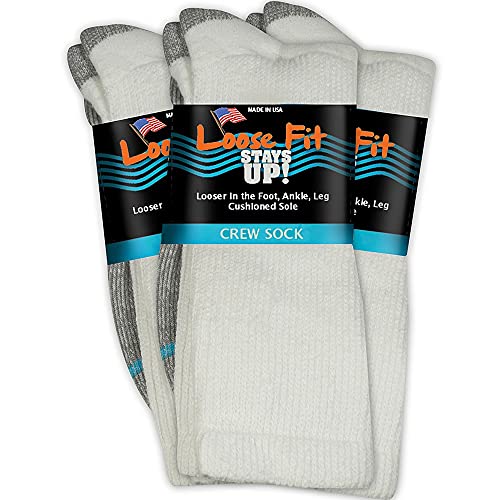 Loose Fit Stays Up Men's and Women's Casual Crew Socks (Pack of 3) Made in USA! Cushioned Sole (Small, White)