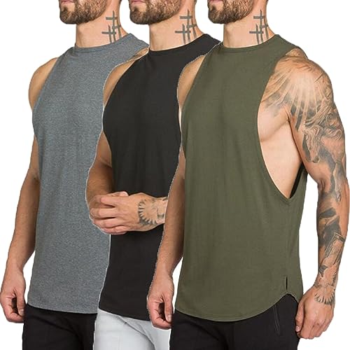 ZUEVI Men's 3 Pack Muscular Cut Off Tank Tops Bodybuilding Fitness Sleeveless Gym Shirts Workout Stringer Tee Shirt (ZBlack&Gray&Arrmy Green-M)