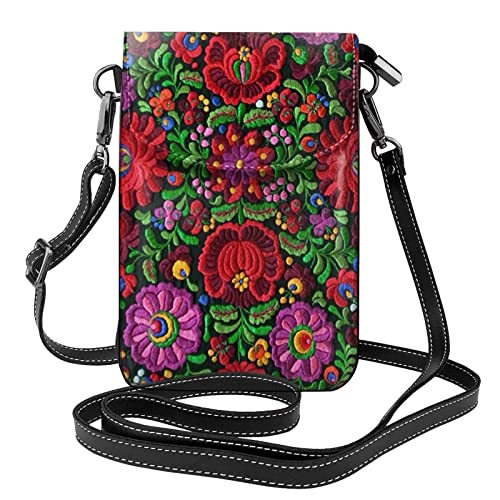 Hungarian Folk Embroidery Flower Women Cell Phone Purse Leather Crossbody Shoulder Bag With Adjustable Strap