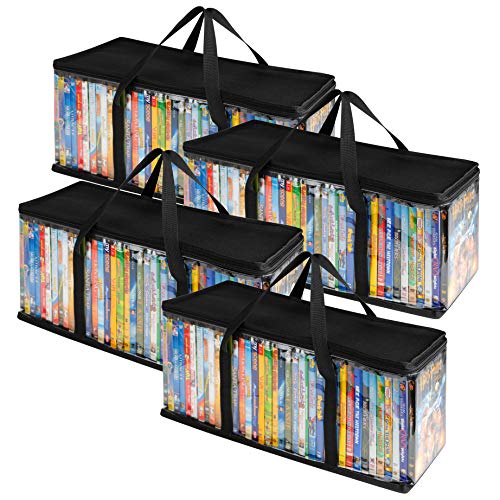 Stock Your Home DVD Storage Bags (Set of 4) Media Organizer Bag for DVDs, CDs, Blu Ray Disc, Movie Cases, VHS Box, Video Game Disks, Clear Plastic Holders with Carrying Handles and Zipper - Black