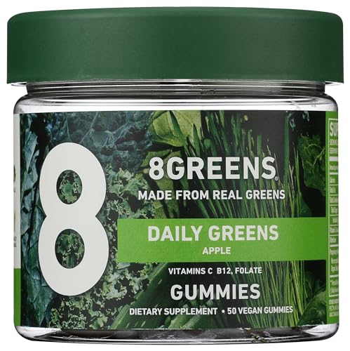 8Greens Daily Greens Gummies - Superfood Booster, Energy & Immune Support, Made with Real Greens, Greens Powder, Vitamin C, B12, Spirulina - Apple, 50 Count