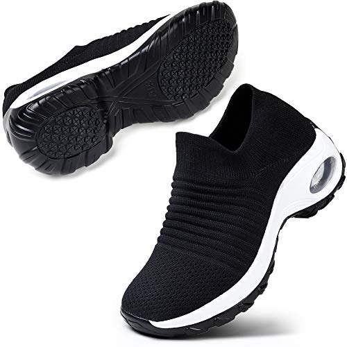 STQ Work Shoes for Women Sock Sneakers - Slip on Air Cushion Mesh Lightweight Walking Shoes Black Size 7