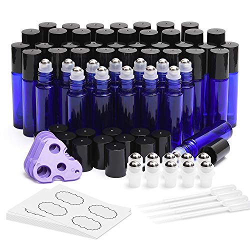 ULG Essential Oil Roller Bottles 48 Pack 10ml Cobalt Blue Glass Empty Bottles with Stainless Steel Roller Balls (10 Extra Roller Balls, 4 Openers, 4 Droppers, 48 Waterproof Labels)