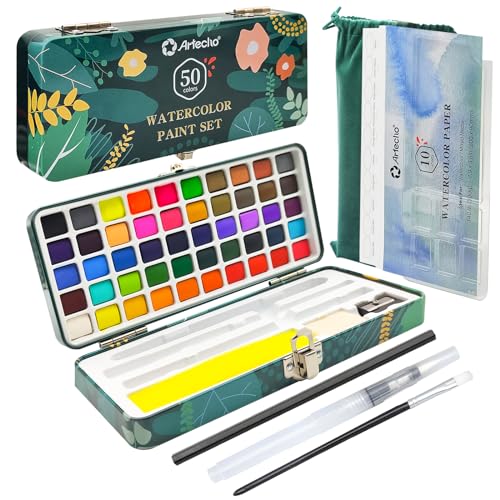 Artecho Watercolor Paint Set 50 Colors, Travel Watercolor Set with Watercolor Papers and Brushes, Ideal for Amateur Hobbyists, Painting Lovers and Artists