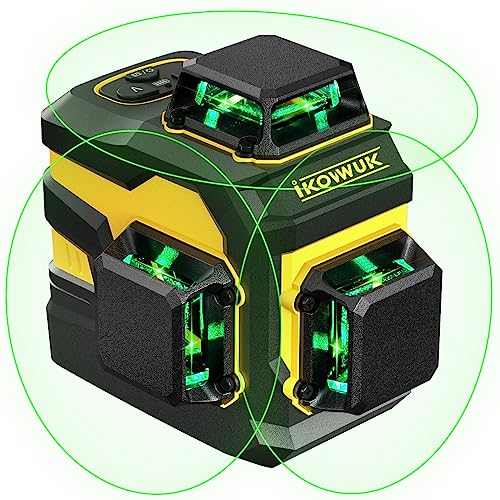 IKOVWUK Laser Level, 3x360° Cross Line Laser for Construction and Picture Hanging, 12 Green Lasers with Self-leveling, 3D Vertical & Horizontal Line, Level Tool with 5200 mAh Rechargeable Battery