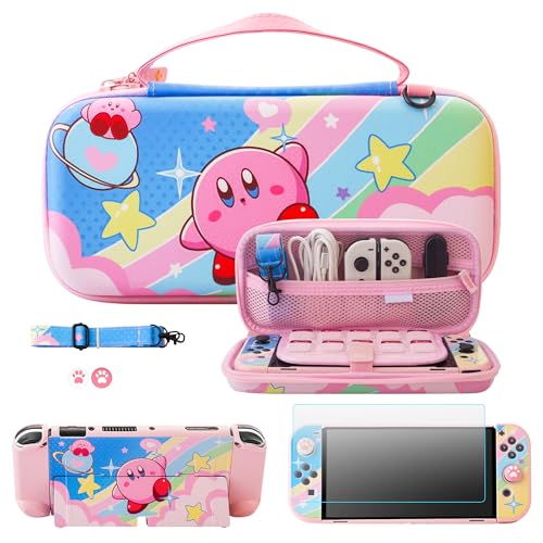 FUNDIARY Cute Carrying Case for Nintendo Switch OLED, Pink Travel Carry Bag for Star, Accessories with Protective Hard Shell, HD Screen Protector, Adjustable Shoulder Strap, 2 Kawaii Thumb Grip Caps