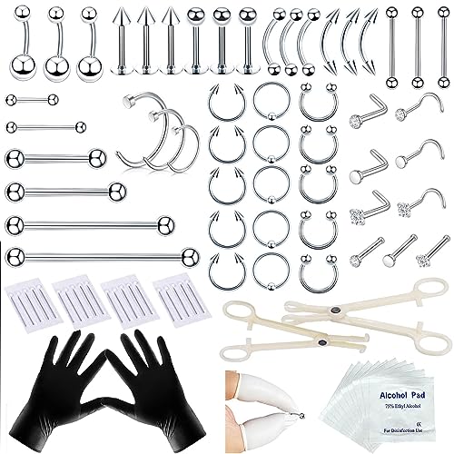 Tustrion 80PCS Nose Piercing Kit for All Body Piercings Stainless Steel Piercing Jewelry with 12G 14G 16G 20G Piercing Needles for Ear Cartilage Tragus Nose Septum Lip Eyebrow