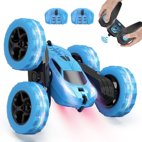 QUNREDA Remote Control Car for Kids Ages 6+, RC Cars Stunt Car Toy 4WD Double Sided 360° Rotating Remote Control with Headlights, Birthday Xmas Gifts for Boys 6 7 8 9 10 11 12 Blue