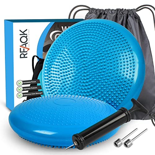 RFAQK Inflated Air Stability Wobble Cushion - Wiggle Seat to Improve Sitting Posture & Attention, Stability Balance Disc for Physical Therapy Exercise [Extra Thick, Pump, Bag, E-Book Included] (Blue)