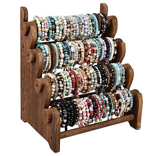 Ikee Design Antique Wooden 4 Tier Jewelry Bracelet Display Stand Bangle Scrunchie Organizer Holder for Store, Showcase and Home Storage, 12 W x 9 D x 14 H in, Brown Color