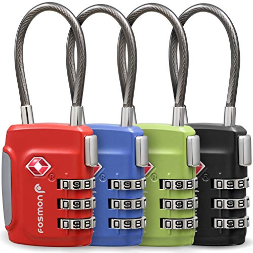 Fosmon TSA Accepted Cable Luggage Locks (4 Pack), 3 Digit Combination Padlock with Zinc Alloy Steel Cable Lock Ideal for Travel Suitcase, Backpack, Lockers - Black, Green, Red and Blue