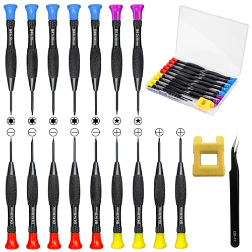 18PCS Mini Precision Screwdriver Set With Case, Lengnoyp Magnetic Small Flathead Phillips Pentalobe Torx Star Screwdriver Set Kit and Tweezers for Repairing Computer Eyeglass Phone Watch