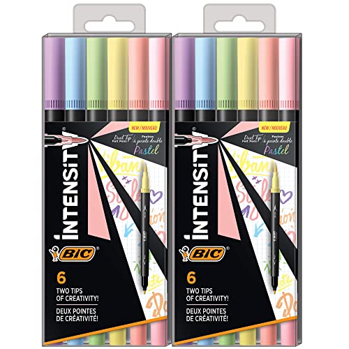 BIC Intensity 12-Pack Dual-Tip Coloring Felt Pens with 0.7mm Fine Tip and Flexible Brush in Pastel Tones