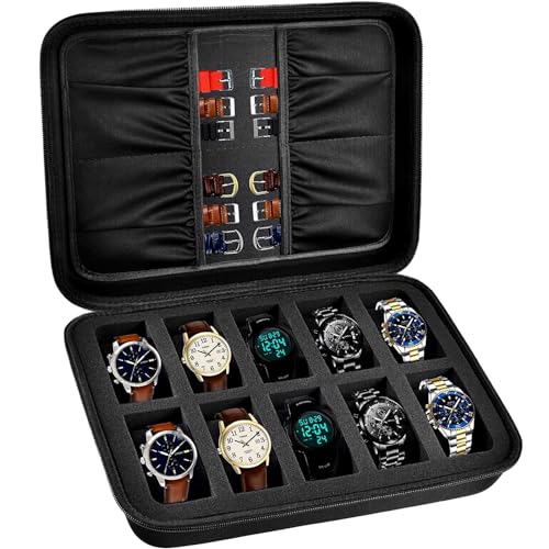 Watch Box Organizer Case, 10 Slots Men Women Display Holder Storage Stand Roll for All Wristwatches, Digital Sports, Smartwatches 42mm, Accessories Pocket for Watch Bands, Cufflink, Jewelry (Bag Only)