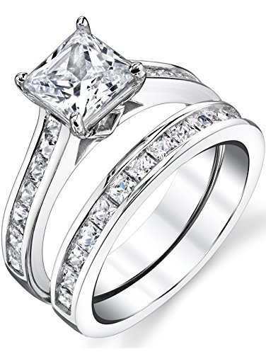 1.5 Carats Sterling Silver Cubic Zirconia Bridal Set Engagement Wedding Ring Bands Princess Cut