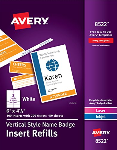 Avery Customizable Name Badge and Ticket Inserts, 6' x 4.25', White, 100 Printable Name Tag Inserts with Tickets (8522)