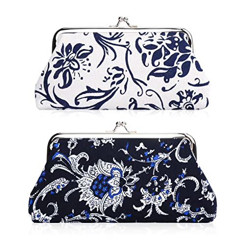 Oyachic 2 Packs Large Floral Coin Purses Canvas Cash Wallet Make Up Cellphone Bag Vintage Change Pouch Key Holder Kiss lock Clasp Clutch