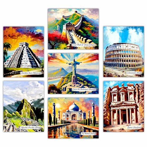 Seven Wonders of the World Wall Decor - Set of 7 Famous Travel City Posters Print for Home Office Decor Educational Historical Art for Classroom Decoration - 8x10 UNFRAMED Photos