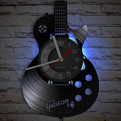 Timethink Acoustic Guitar 12' LED Vinyl LP Wall Art Wall Clock 7 Colors Musical Instrument Bedroom Home Interior Wall Decor Vinyl Record Night Light Wall Clock Rock N Roll Music Gift for Men Cave