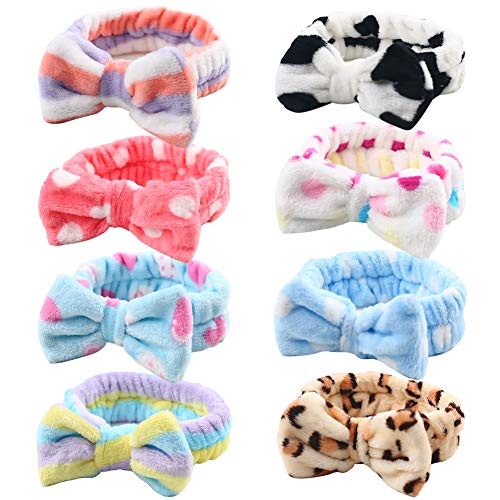 3 otters Spa Headband, 8 Pack Spa Headband for Washing Face Bow Hair Band Fluffy Makeup Headbands, Soft Coral Fleece Head Wraps to Facial Clean, Shower Washing