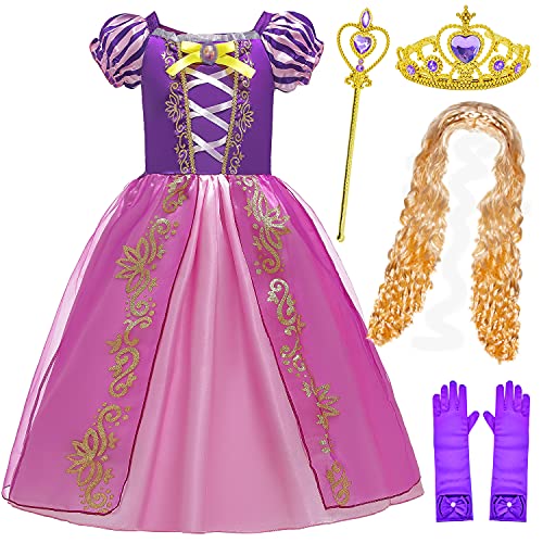 BELOAN Princess Costume Baby Girls Birthday Party Layered Dress Up with Crown Wand Wig Gloves Full Accessories Age5-6 Years Purple
