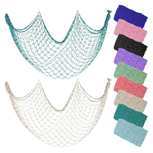 Beige & Aqua Decorative Fishing Net 80x40 Inch, ZUEXT 2PCS Large Picture Fish Net, Pirate Mermaid Net for Nautical Ocean Themed Under The Sea Party, Wall Hanging Fishnet for Photo Display