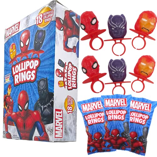 Imaginings 3 Marvel Lollipop Rings Individually Wrapped Candy Spider-Man Iron Man Black Panther Character Shaped Suckers 18 Count