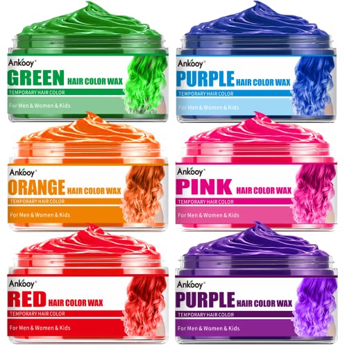 6 Pack Temporary Hair Color Wax,Natural Hair Wax Color Hair Coloring Wax Mud for Men Women Kids Daily Party Cosplay Halloween DIY Hair Color Wax (Green Orange Pink Purple Red Blue)