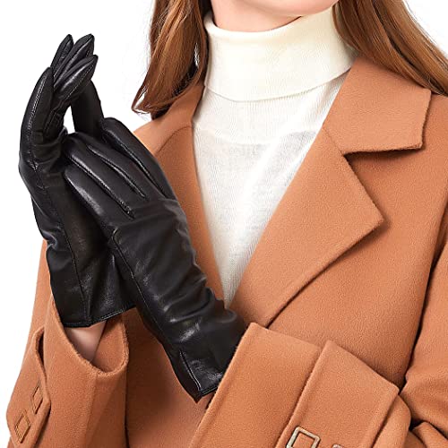 ZLUXURQ Luxury Italian Soft Leather Gloves for Women in Black - Genuine SheepSkin Leather Women’s Cold Weather Gloves Fleece Lined