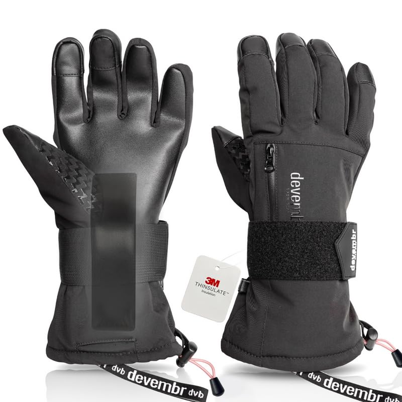 devembr Snowboarding Gloves with Wrist Guards, Ski Gloves Touchscreen, Black, S