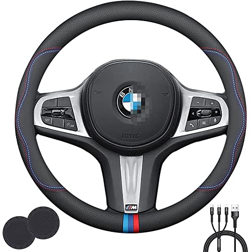 KANYO-AUTO Steering Wheel Cover Compatible for BM,Stylish Non-Slip Nappa Leather Steering Wheel Cover with 2 Coasters and USB Fast Charging Cable