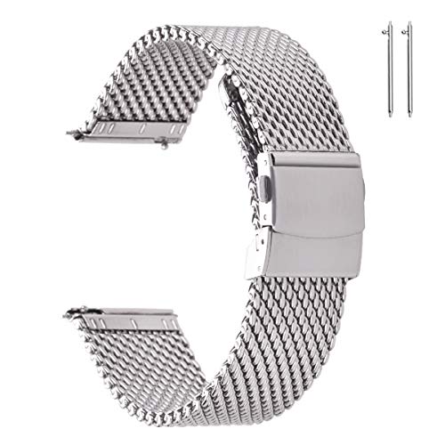 EACHE Stainless Steel Thick Mesh Watch Band For Men Heavy Duty Metal Mesh Watch Strap Adjustable Length Silver 20mm