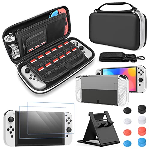 Accessories Bundle Compatible with Switch OLED, Carrying Case with Shoulder Strap for Switch OLED and Tempered Glass Screen Protector, Protective Cover Case, Kickstand &Thumb Grip Caps- Black