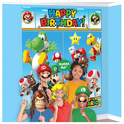Super Mario Happy Birthday Giant Scene Setters Wall Decorating Kit Party Backdrop, 5 Pieces, Made from Vinyl, Multicolor, 59' x 65' by Amscan