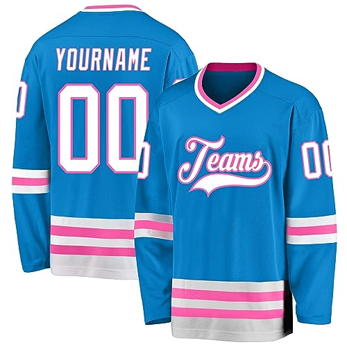 Custom Name Team Name Number Logo Blue White-Pink Hockey Jersey, Customized Personalized Team Name Number V-Neck Sports Hockey Jersey for Men Women Youth
