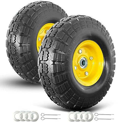 4.10/3.50-4 tire and Wheel Flat Free,10' Solid Tire Wheel with 5/8' Bearings,2.1'Offset Hub,for Garden Carts/Dolly/Trolley/Dump Cart/Hand Truck/Wheelbarrow/Garden Wagon (2 Pack)