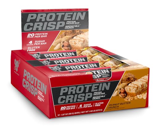 BSN Protein Crisp Bar, Protein Snack Bars, Crunch Bars with Whey Protein and Fiber, Gluten Free, Peanut Butter Crunch, 12 Count (Packaging May Vary)