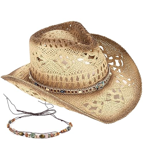 Men's Women's Straw Cowboy Hat Cowgirl Woven Sun Hat Western Cowboy Hat Two Decorative Bands (Beige-D)