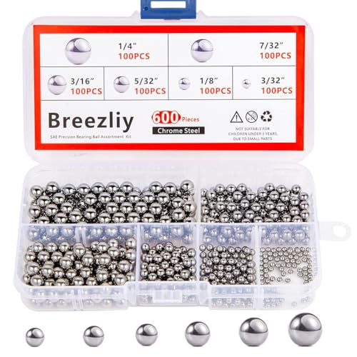Breezliy 600 Piece 6 Sizes Assorted Loose Bicycle Bearing Balls 1/4' 7/32' 3/16' 5/32' 1/8' and 3/32'