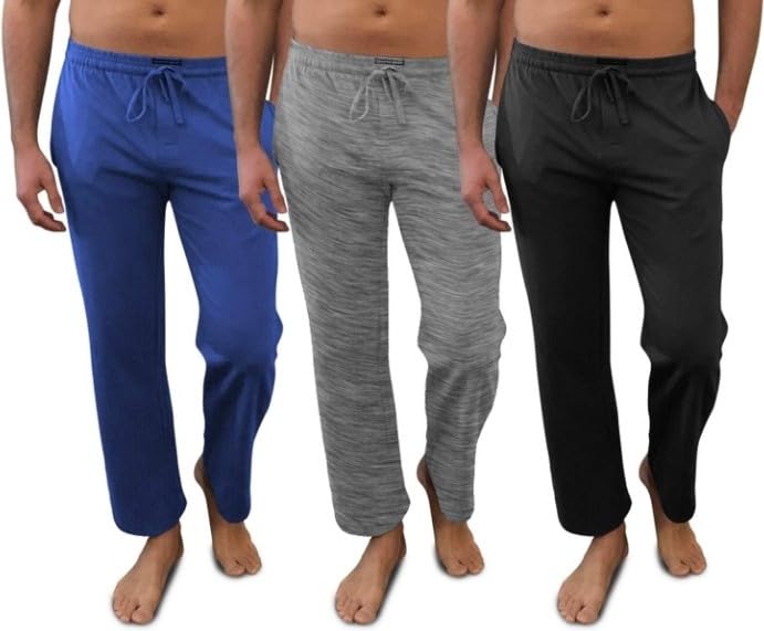 Andrew Scott Men's Pack of 3 Soft & Light 100% Cotton Drawstring Yoga Lounge & Sleep Pant (3 Pack- Black/Denim/Heather Gray, XXXX-Large)