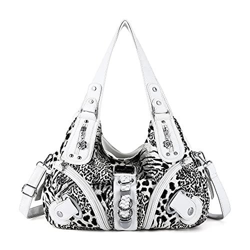 Angelkiss Women Multiple Pockets Purses and Handbags Washed Leather, Two Top Zippers Closure, White-leopard