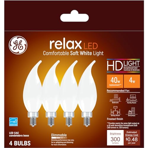 GE Relax LED Light Bulbs, 40 Watt, Soft White Candle Lights, Decorative Light Bulbs, Frosted, Small Base (4 Pack)