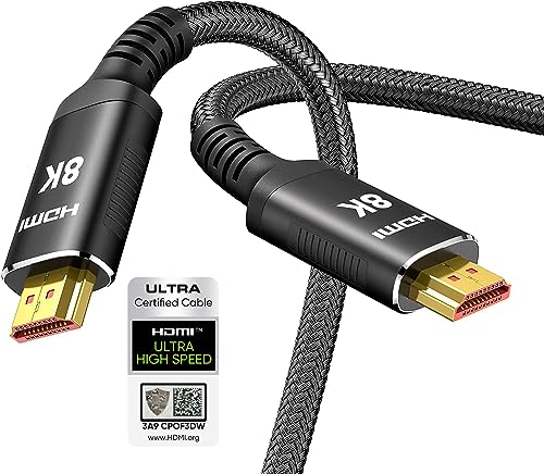 Snowkids 10K 8K HDMI 2.1 Cable 10 ft, Certified Ultra High Speed HDMI Cable 10 ft 48Gbps 3D 8K60 4K120 144Hz Braided HDMI Cord eARC HDR10 HDCP 2.2&2.3 Compatible with Roku TV/PS5/HDTV/Blu-ray Black
