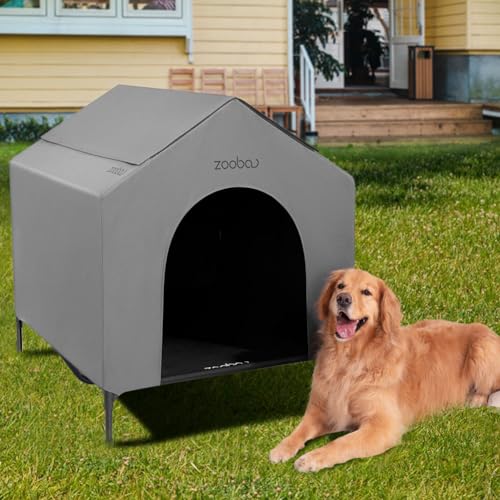 Zooba 42” Outdoor Dog House for Large Breeds, Durable Large Dog Shelter with Weatherproof 600D PVC Canopy, Breathable 2x1 Textilene Fabric Elevated Dog Bed, XL Dog Kennel for Outside Use